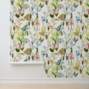 Papel Pintado Flores tropicales y de jardín de fondo beige.