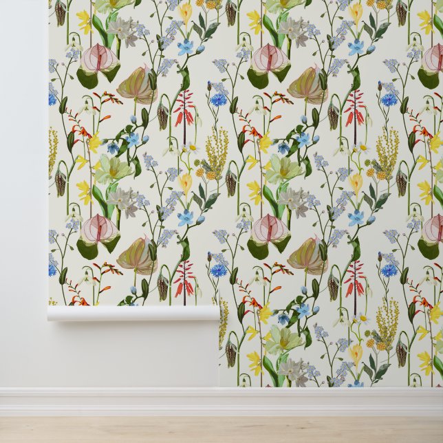 Papel Pintado Flores tropicales y de jardín de fondo beige. (Solicitud)
