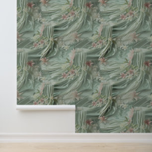 Papel Pintado Flores verdes, crema, sedas y rosadas