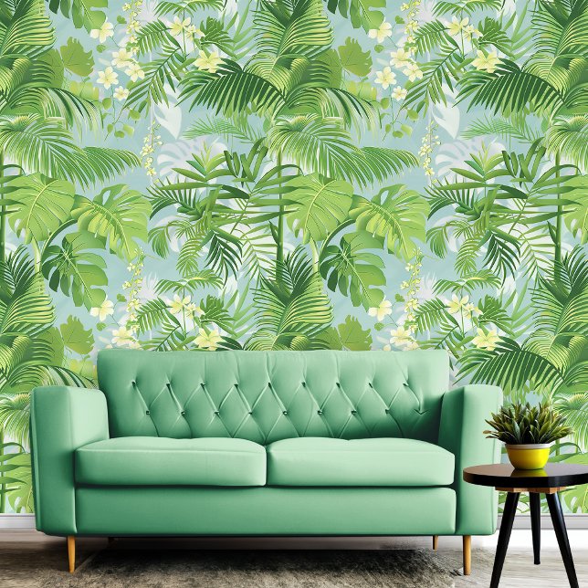 Papel Pintado Flores verdes tropicales y hojas vigas de playa de (Tropical Green Flowers & Leaves Summer Beach Vibes Wallpaper)