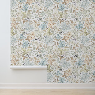 Papel Pintado Flores Vintage Hojas Bayas Ramas Blanco