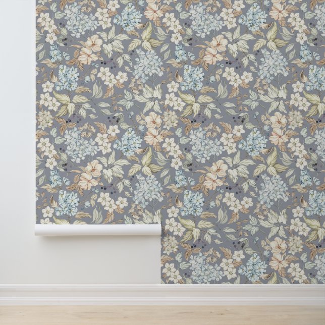 Papel Pintado Flores Vintage Hojas Bayas Ramas Gris Frío (Solicitud)