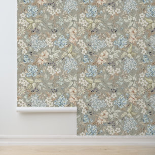 Papel Pintado Flores Vintage Hojas Bayas Ramas Niebla Gris