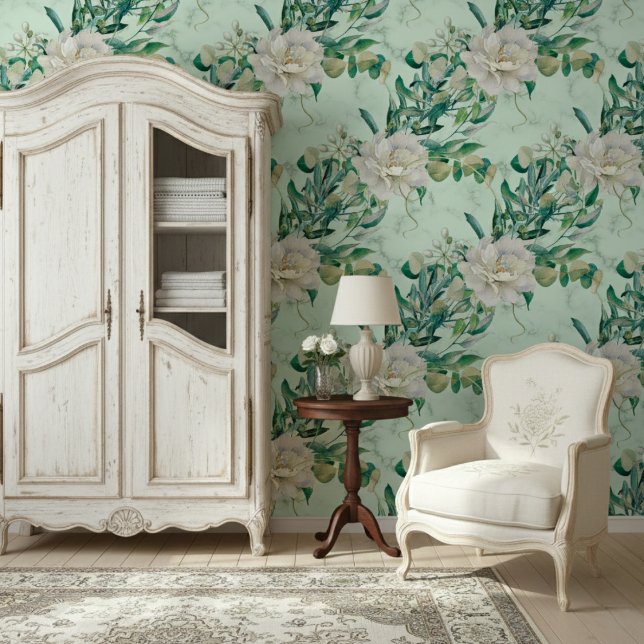 Papel Pintado Flores Y Elegante Patrón De Mármol Verde (Subido por el creador)