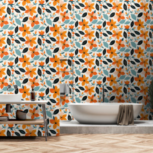Papel Pintado Flores y follaje azul y naranja