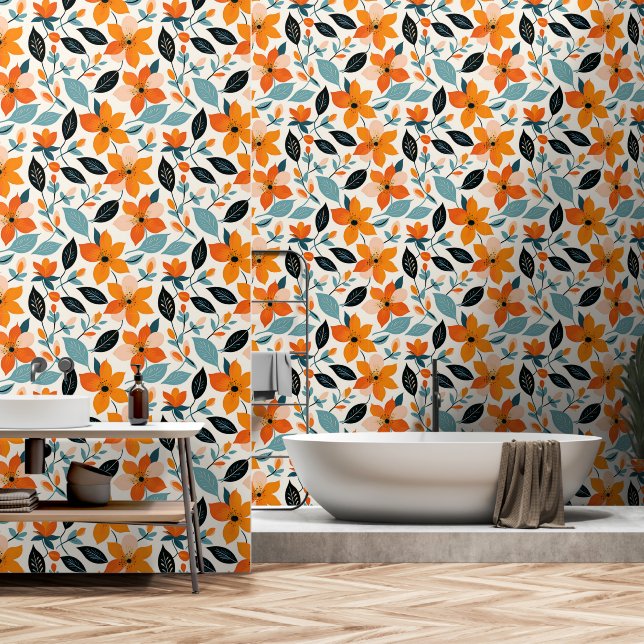Papel Pintado Flores y follaje azul y naranja (Baño)