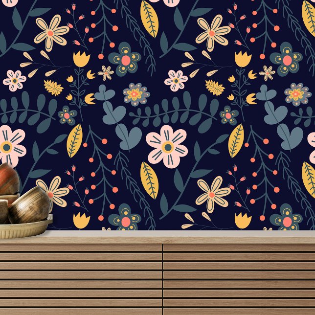 Papel Pintado Flores y hojas animadas y caprichosas en azul mari (Subido por el creador)