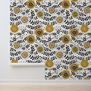 Papel Pintado Flores y hojas de perro en amarillo y negro