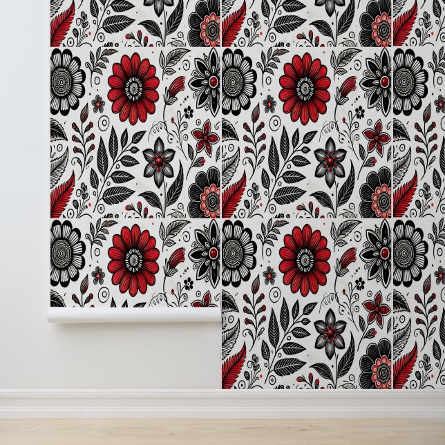Papel Pintado Flores y hojas de perro en rojo y negro (Solicitud)