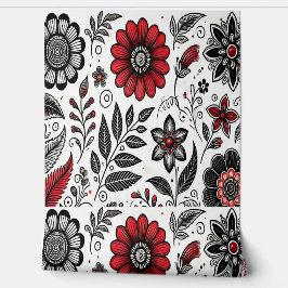 Papel Pintado Flores y hojas de perro en rojo y negro