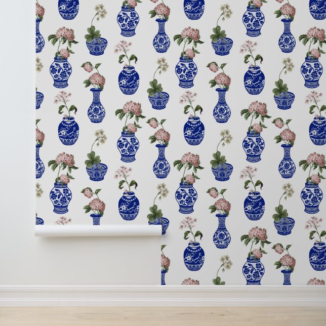 Papel Pintado Flores y jarrones azules de chinoiserie (Solicitud)