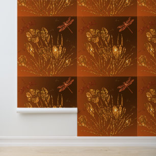 Papel Pintado Flores y libélulas Purpurinas de oro
