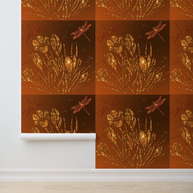 Papel Pintado Flores y libélulas Purpurinas de oro (Solicitud)