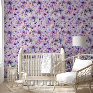 Papel Pintado Flores y mariposas púrpuras y lavanda