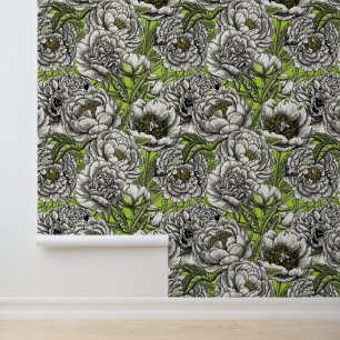 Papel Pintado Flores y polillas de peones blancos