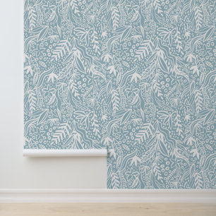 Papel Pintado Foliage floral blanca en diseño azul