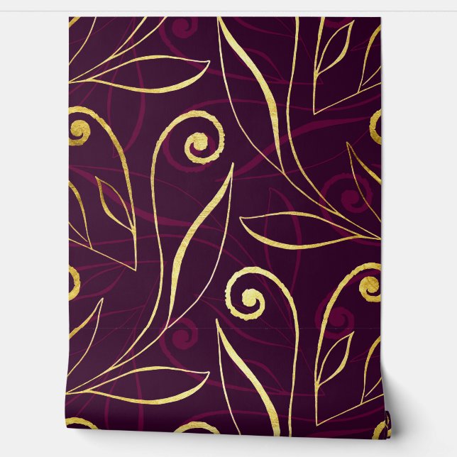 Papel Pintado Foliage & Swirls moderno Damask morado y oro (Desenrollar)