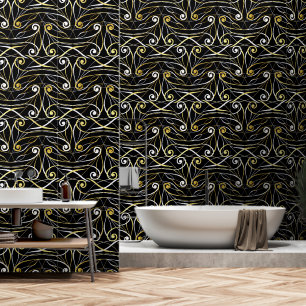 Papel Pintado Foliage & Swirls Moderno Damask Silver Gold Black