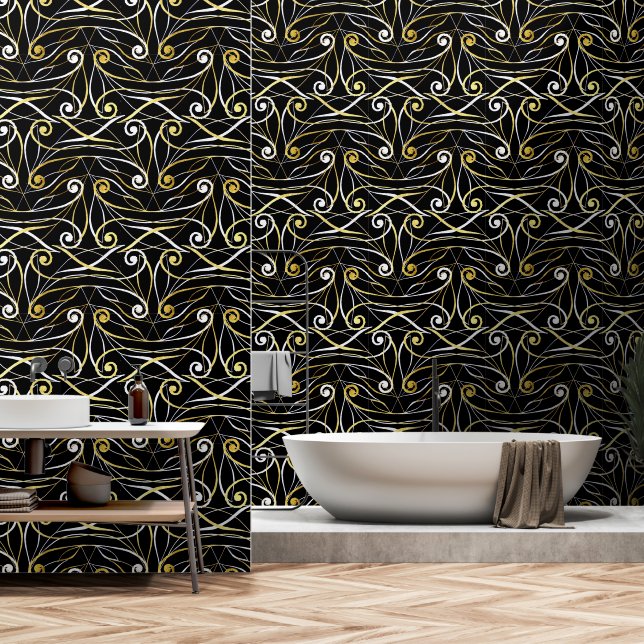 Papel Pintado Foliage & Swirls Moderno Damask Silver Gold Black (Baño)
