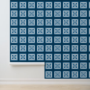 Papel Pintado Follaje baldosado blanco sobre azul marino