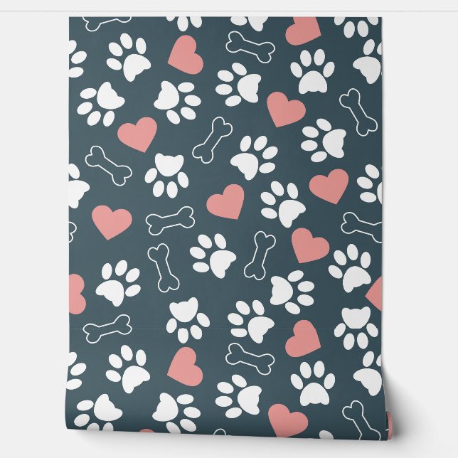 Papel Pintado Fondo con estampado de huellas y corazones (Desenrollar)