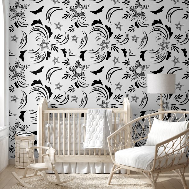 Papel Pintado Fondo de pantalla floral negro con fondo blanco (Niños)