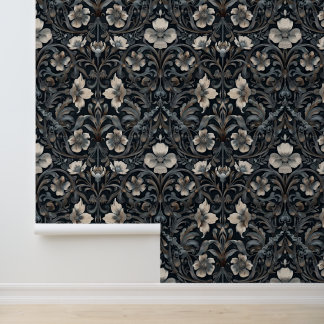 Papel Pintado Fondo gótico barroco negro con flor blanca