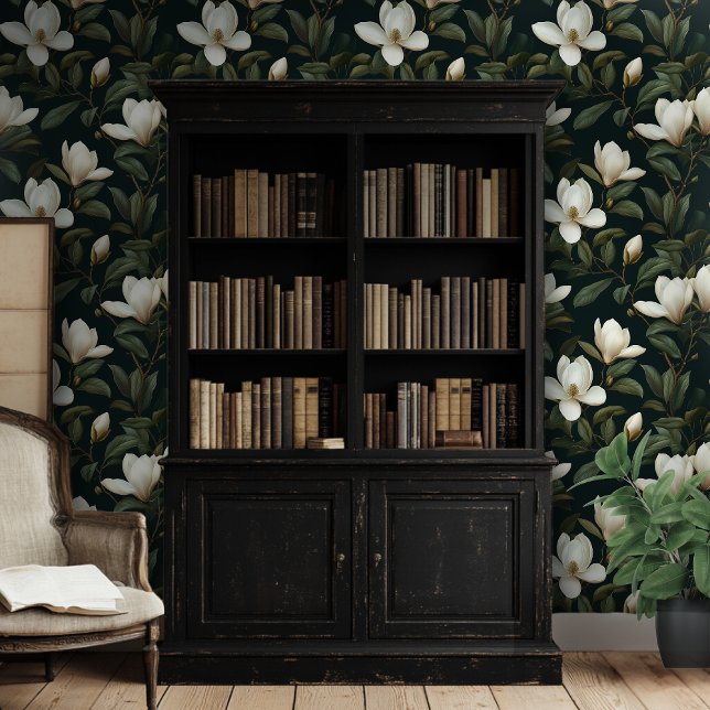 Papel Pintado Fondo negro de patrón floral de magnolia blanca (Subido por el creador)