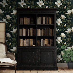 Papel Pintado Fondo negro de patrón floral de magnolia blanca
