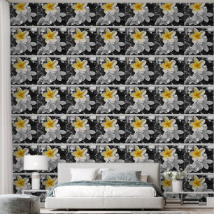 Papel Pintado Frangipani Blanco Negro Con Flor De Amapola Amaril