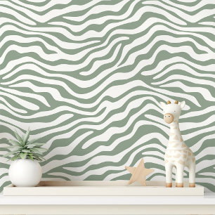 Papel Pintado Franja de cebra en verde salvia y blanco
