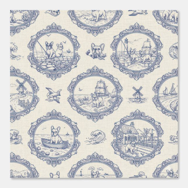 Papel Pintado French Bulldog Toile - Nautical Blue Framed French (Anverso)