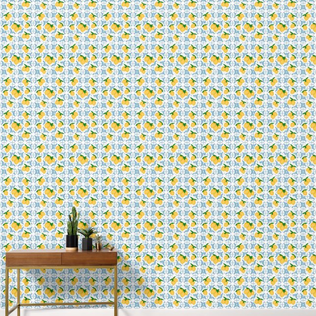 Papel Pintado French Country Lemon Blue Floral Tile Pattern (Pasillo)