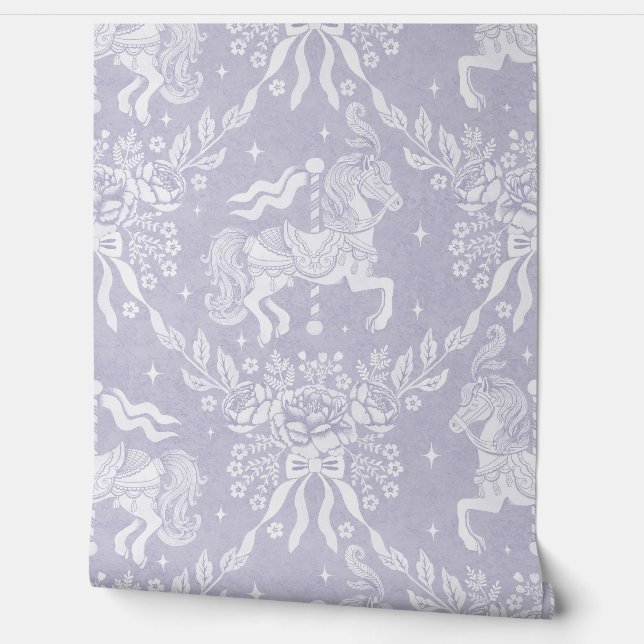 Papel Pintado French Lilac Rococo Carousel Horses & Florals  (Desenrollar)
