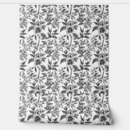 Papel Pintado Frenos de patrón floral blanco y negro vintage