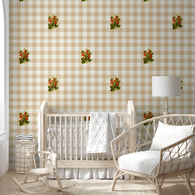 Papel Pintado Fresa cuta de época Beige Plaid (Niños)