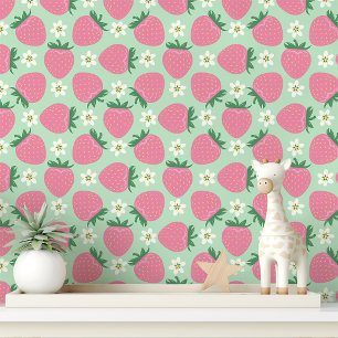 Papel Pintado Fresas rosadas y flores en verde menta