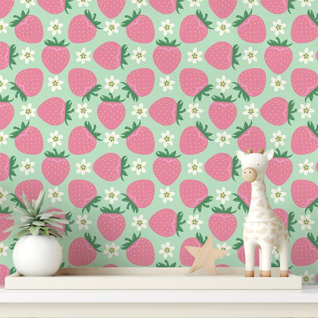 Papel Pintado Fresas rosadas y flores en verde menta (Subido por el creador)