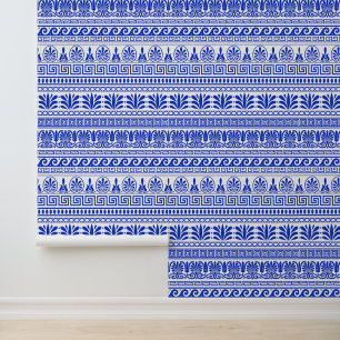 Papel Pintado Fret griego, patrón mediterráneo, azul