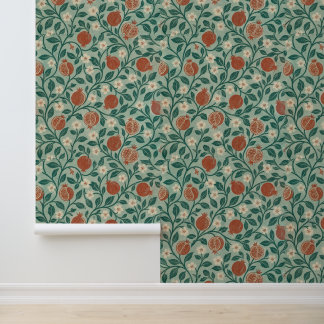 Papel Pintado Fruta roja óxido granada Patrón de hoja verde