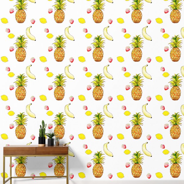 Papel Pintado frutas de verano retro (piña, limón, fresa) (Pasillo)
