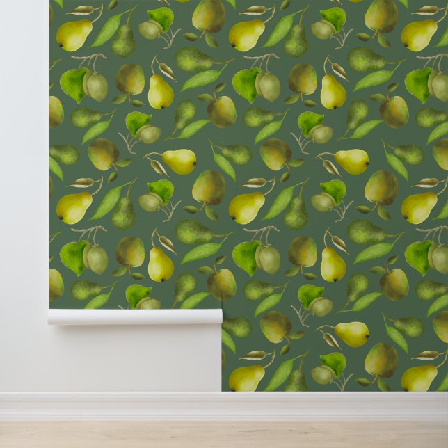 Papel Pintado Frutas verdes sobre fondo verde oscuro (Solicitud)