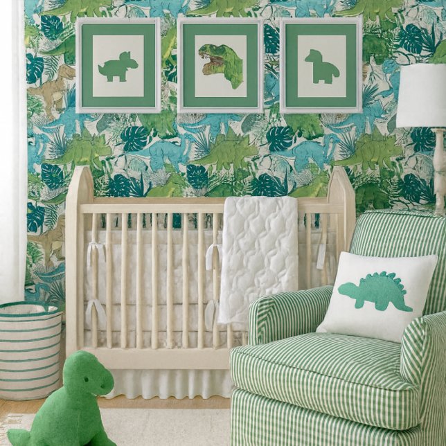 Papel Pintado Fun Boys Dinosaurs Blue Green Seamless  (Dinosaur wallpaper in fresh blues and greens creates a bold, playful focal wall for a modern nursery)