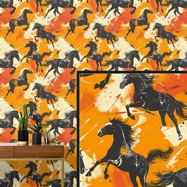 Papel Pintado Gallopando caballos negros con crema Naranja (Subido por el creador)