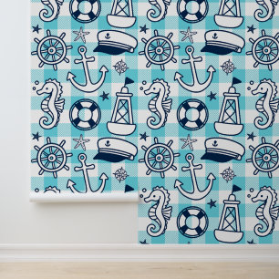 Papel Pintado Garabatos Náuticos – Cuadros Costeros Turquesa y A