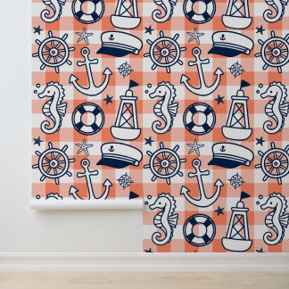 Papel Pintado Garabatos Náuticos – Gingham Costero de Coral y Az