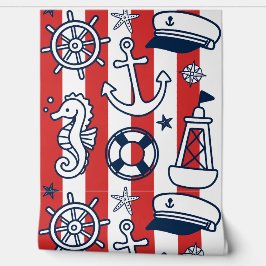 Papel Pintado Garabatos Náuticos – Raya Costera Roja y Marina