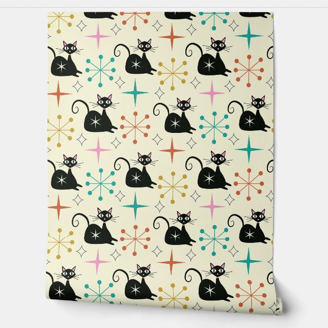 Papel Pintado Gato atómico negro de mediados del siglo con estal (Desenrollar)