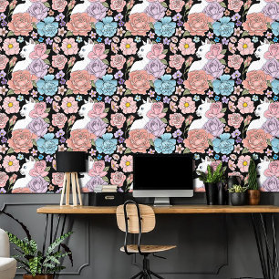 Papel Pintado Gato Blanco Floral Pastel Negro Botánico Romántico