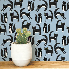 Papel Pintado Gato de Esmoquin Negro y Blanco Arte Azul